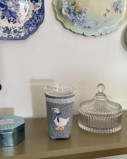 Goose Patch Sleeve | Brie Blue Drink Sleeve with Optional Lace Trim